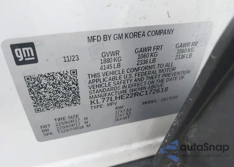 2024 Chevrolet Trax Fwd Lt z USA, uszkodzony, nr VIN KL77LHE22RC172618